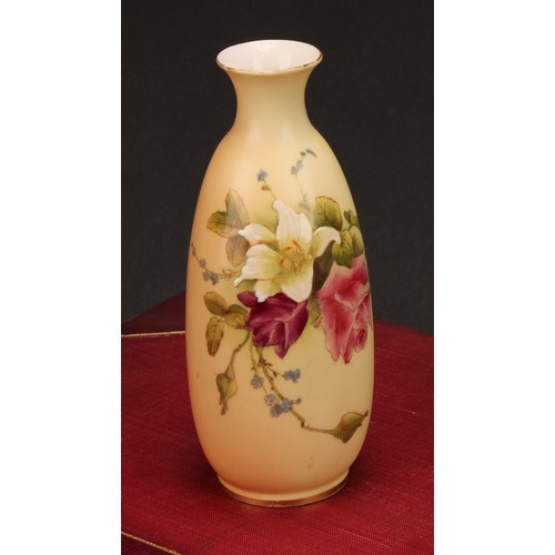 72 - A Royal Worcester ovoid vase, printed and painted with summer flowers on a blush ivory ground, 14cm ... 