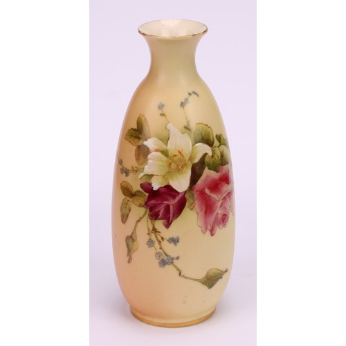 72 - A Royal Worcester ovoid vase, printed and painted with summer flowers on a blush ivory ground, 14cm ... 