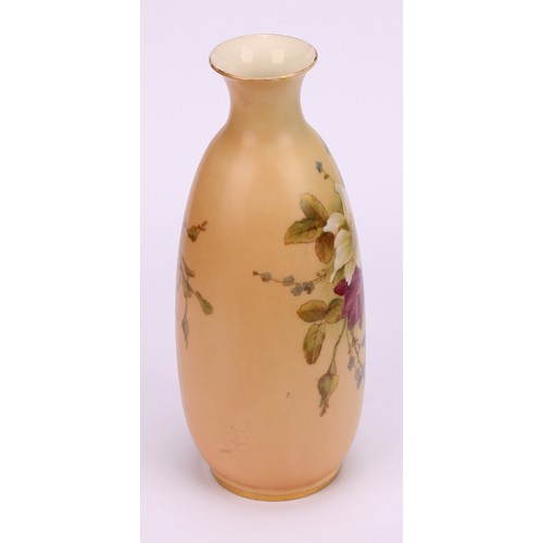 72 - A Royal Worcester ovoid vase, printed and painted with summer flowers on a blush ivory ground, 14cm ... 