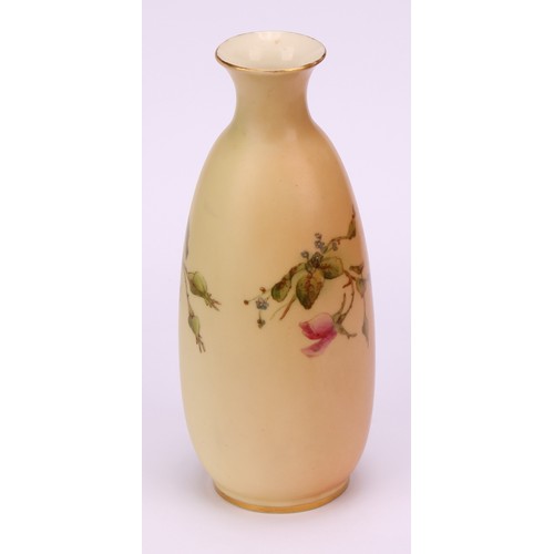 72 - A Royal Worcester ovoid vase, printed and painted with summer flowers on a blush ivory ground, 14cm ... 