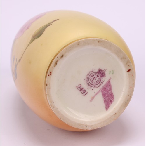 72 - A Royal Worcester ovoid vase, printed and painted with summer flowers on a blush ivory ground, 14cm ... 