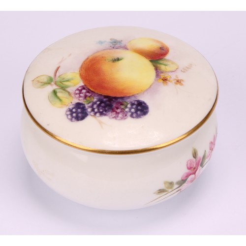 62 - A Royal Worcester circular box and cover, painted by P.M. Platt, signed, with ripening fruit and flo... 