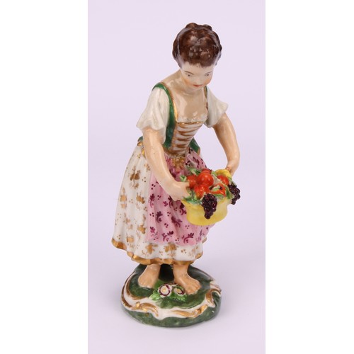 106 - A matched pair of Derby figures, Boy and Girl with Fruit and Flowers, he stands holding a basket of ... 