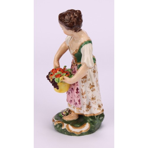 106 - A matched pair of Derby figures, Boy and Girl with Fruit and Flowers, he stands holding a basket of ... 