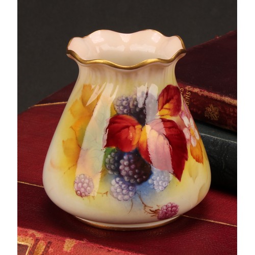 71 - A Royal Worcester ovoid vase, pie crust rim, painted by Kitty Blake, signed, with ripe blackberries ... 