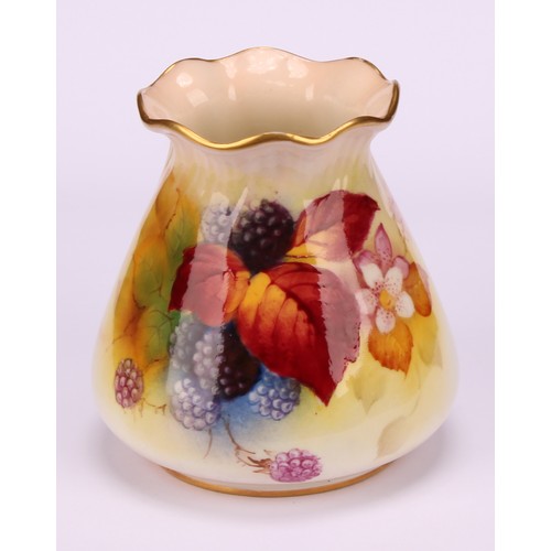 71 - A Royal Worcester ovoid vase, pie crust rim, painted by Kitty Blake, signed, with ripe blackberries ... 