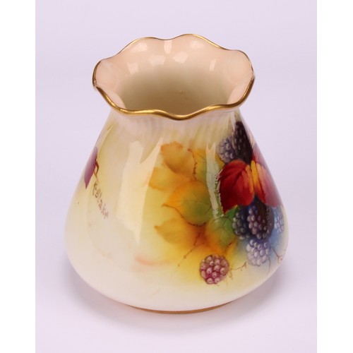 71 - A Royal Worcester ovoid vase, pie crust rim, painted by Kitty Blake, signed, with ripe blackberries ... 