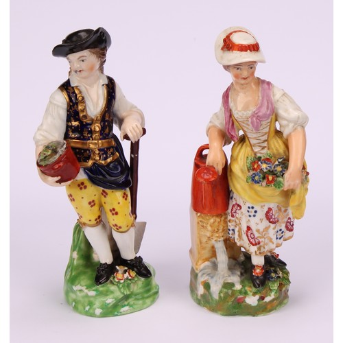 107 - A pair of Derby figures, Gardener and Companion, she stands her right arm on a watering can, he with... 