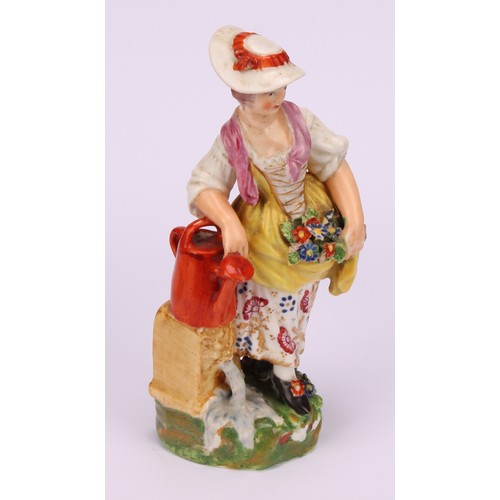 107 - A pair of Derby figures, Gardener and Companion, she stands her right arm on a watering can, he with... 