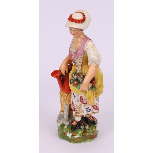 107 - A pair of Derby figures, Gardener and Companion, she stands her right arm on a watering can, he with... 