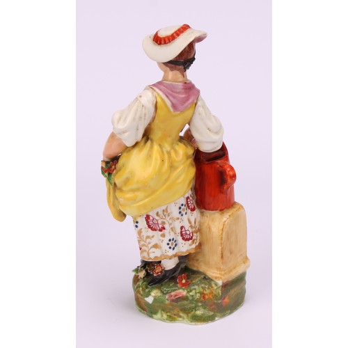 107 - A pair of Derby figures, Gardener and Companion, she stands her right arm on a watering can, he with... 