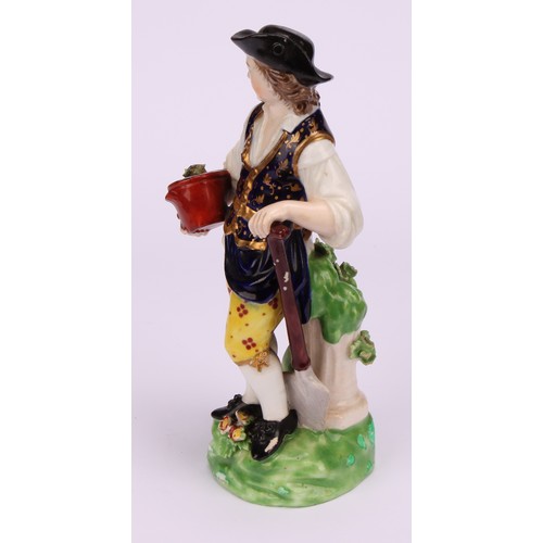 107 - A pair of Derby figures, Gardener and Companion, she stands her right arm on a watering can, he with... 