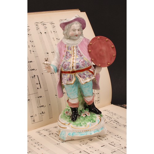 101 - A Derby patch mark figure, Quinn as Sir John Falstaff, he stands holding an oval shield, wearing a b... 