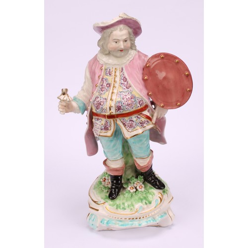 101 - A Derby patch mark figure, Quinn as Sir John Falstaff, he stands holding an oval shield, wearing a b... 