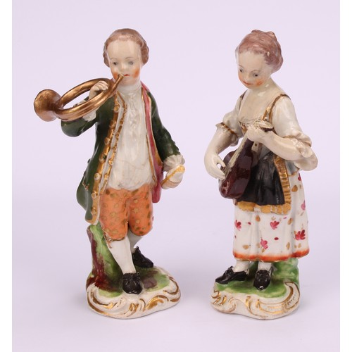 108 - A pair of Derby figures, Musicians, he with a French horn, she with a lute, both standing in 18th ce... 