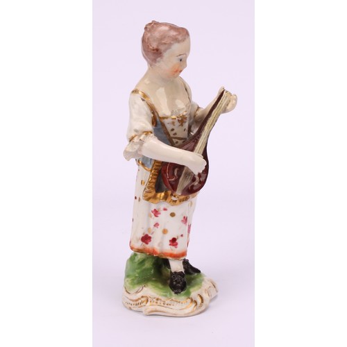 108 - A pair of Derby figures, Musicians, he with a French horn, she with a lute, both standing in 18th ce... 