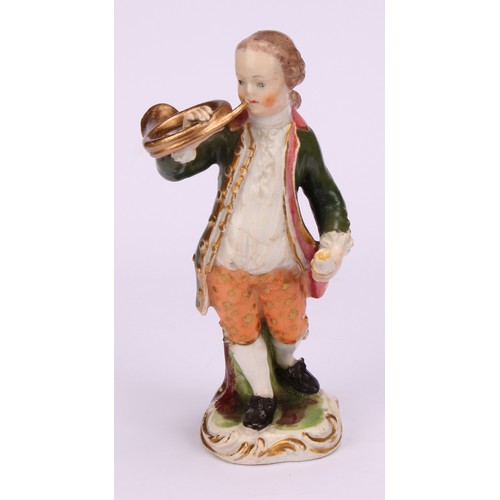 108 - A pair of Derby figures, Musicians, he with a French horn, she with a lute, both standing in 18th ce... 