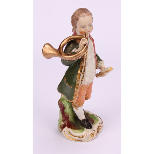 108 - A pair of Derby figures, Musicians, he with a French horn, she with a lute, both standing in 18th ce... 