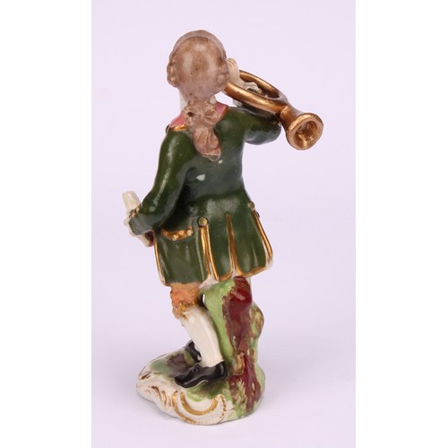 108 - A pair of Derby figures, Musicians, he with a French horn, she with a lute, both standing in 18th ce... 