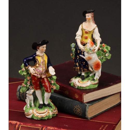 110 - A pair of Derby figures, The Garland Shepherds, he wearing a broad brimmed black hat, blue jacket, o... 