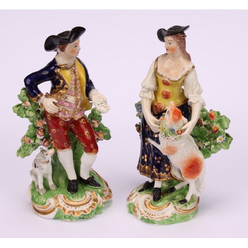 110 - A pair of Derby figures, The Garland Shepherds, he wearing a broad brimmed black hat, blue jacket, o... 