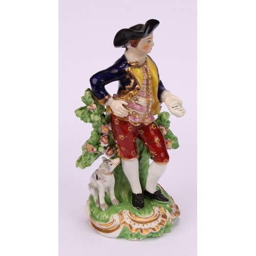 110 - A pair of Derby figures, The Garland Shepherds, he wearing a broad brimmed black hat, blue jacket, o... 