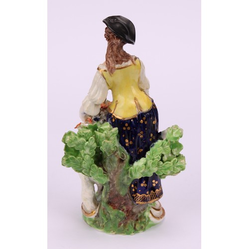 110 - A pair of Derby figures, The Garland Shepherds, he wearing a broad brimmed black hat, blue jacket, o... 