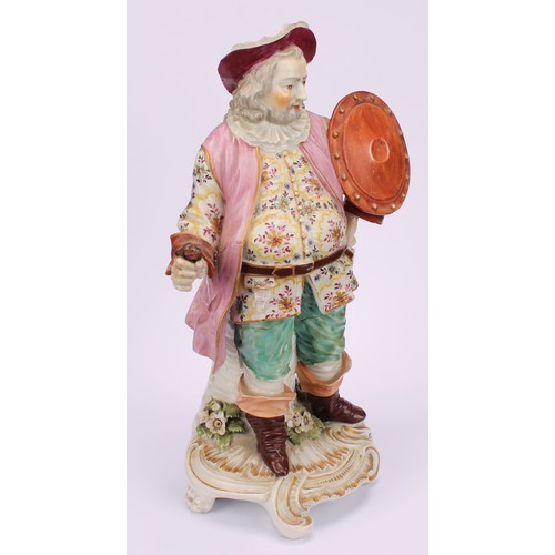 102 - A Derby patch mark figure, Quinn as Sir John Falstaff, he stands holding an oval shield, wearing a b... 