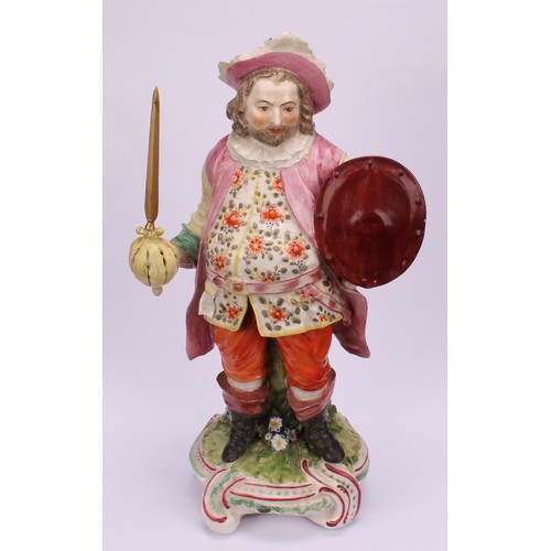 105 - A large Derby patch mark figure, Quinn as Sir John Falstaff, he stands holding an oval shield, weari... 