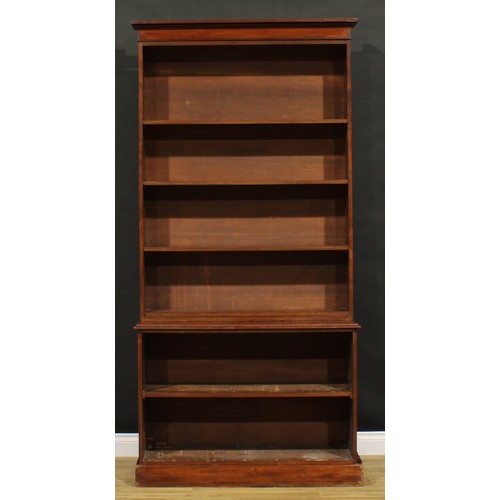 1354 - A Victorian mahogany open library bookcase, moulded cornice above an arrangement of adjustable shelv... 