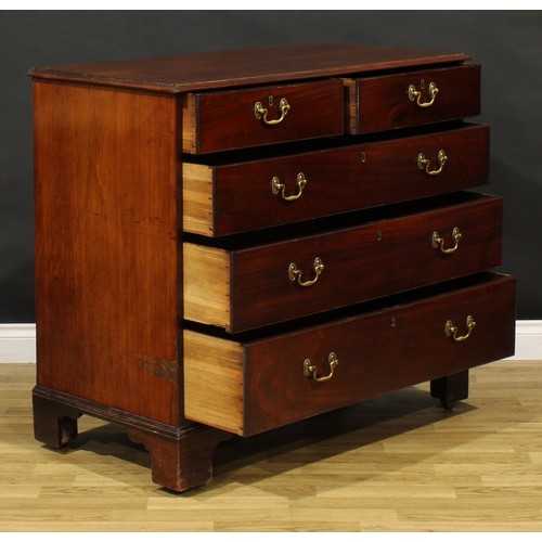 1393 - A 19th century mahogany chest, of two short and three long graduated drawers, skirted base, bracket ... 