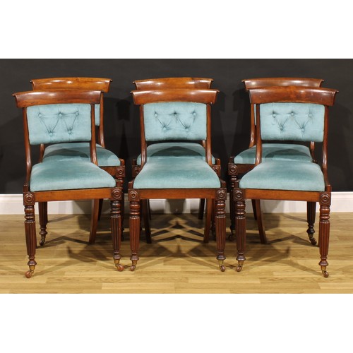 1270 - A set of six William IV rosewood dining chairs, each with stuffed-over deep button back, drop-in ove... 