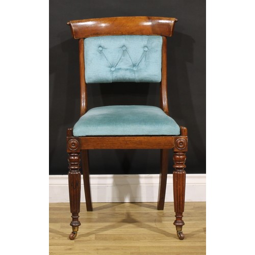 1270 - A set of six William IV rosewood dining chairs, each with stuffed-over deep button back, drop-in ove... 