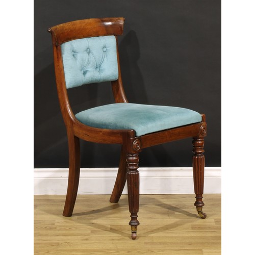 1270 - A set of six William IV rosewood dining chairs, each with stuffed-over deep button back, drop-in ove... 