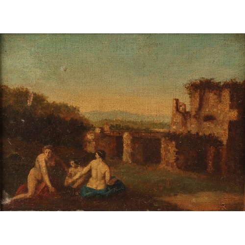 418 - English School (18th century), The Bathers, monogrammed AR, oil on canvas, 18cm x 24cm