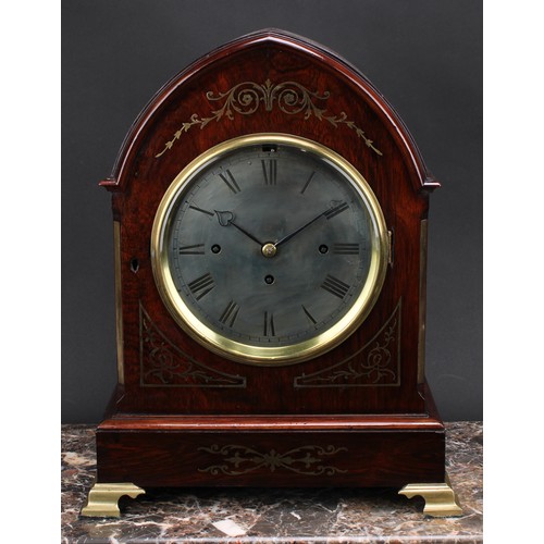 1885 - An Edwardian Regency Revival rosewood and brass marquetry lancet shaped bracket-form mantel clock, 1... 