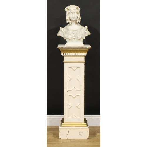 1937 - An early 20th century painted and parcel-gilt statuary pedestal, rectangular top above a dentil capi... 