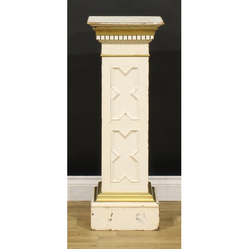 1937 - An early 20th century painted and parcel-gilt statuary pedestal, rectangular top above a dentil capi... 