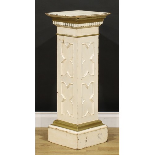 1937 - An early 20th century painted and parcel-gilt statuary pedestal, rectangular top above a dentil capi... 