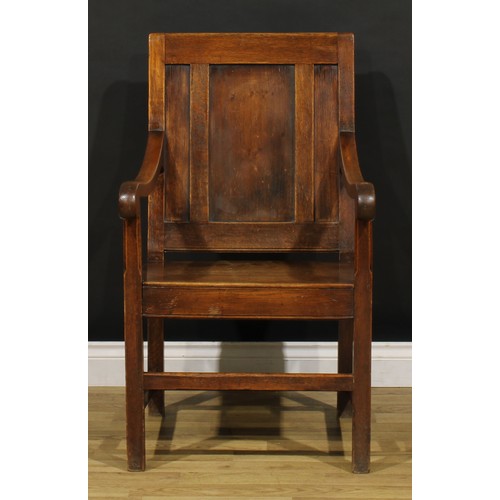 1314 - A 17th century style oak panel back armchair, scroll arms, square legs, 96cm high, 57cm wide, the se... 