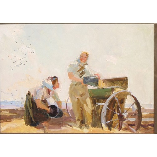 299 - Russian School (mid 20th century)
The Wheat Farmers
unsigned, oil on board, 26.5cm x 35.5cm