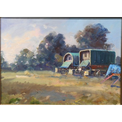 329 - Salamon György (Hungarian School, Bn.1948)
Gypsy Wagons
signed to verso, acrylic on board, 29.5 x 39... 