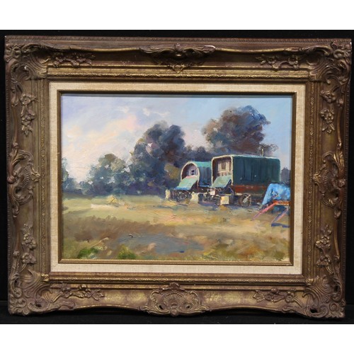 329 - Salamon György (Hungarian School, Bn.1948)
Gypsy Wagons
signed to verso, acrylic on board, 29.5 x 39... 