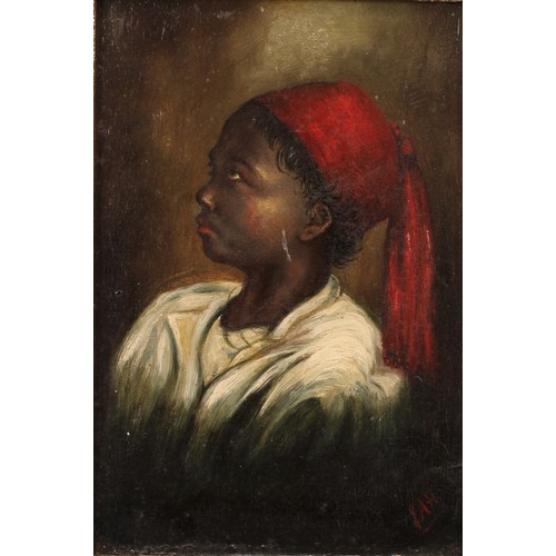 505 - Ottoman School (19th century)
Portrait of a Nubian Boy Wearing a Fez
monogrammed JAH, oil on board, ... 