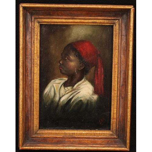 505 - Ottoman School (19th century)
Portrait of a Nubian Boy Wearing a Fez
monogrammed JAH, oil on board, ... 