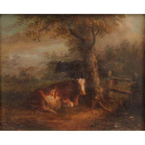 288 - English School (Early 19th century)
Cattle Resting Beside Tree
unsigned, oil on board, 14.5cm x 18cm