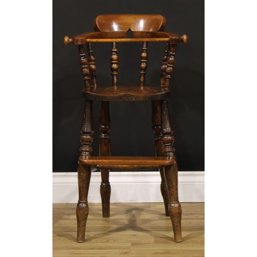 1435 - A Victorian child’s smoker’s bow form high chair, saddle seat with covered latrine hole, 76.5cm high... 