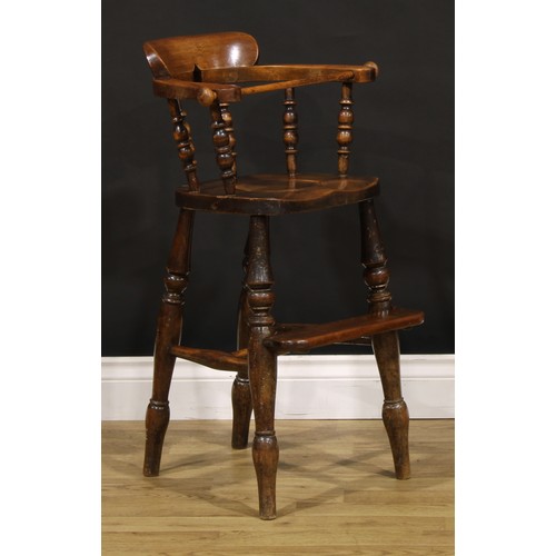 1435 - A Victorian child’s smoker’s bow form high chair, saddle seat with covered latrine hole, 76.5cm high... 