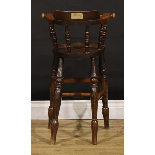 1435 - A Victorian child’s smoker’s bow form high chair, saddle seat with covered latrine hole, 76.5cm high... 