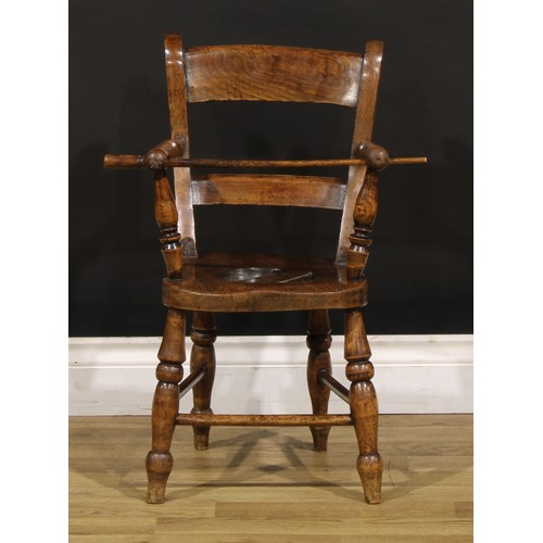 1435 - A Victorian child’s smoker’s bow form high chair, saddle seat with covered latrine hole, 76.5cm high... 